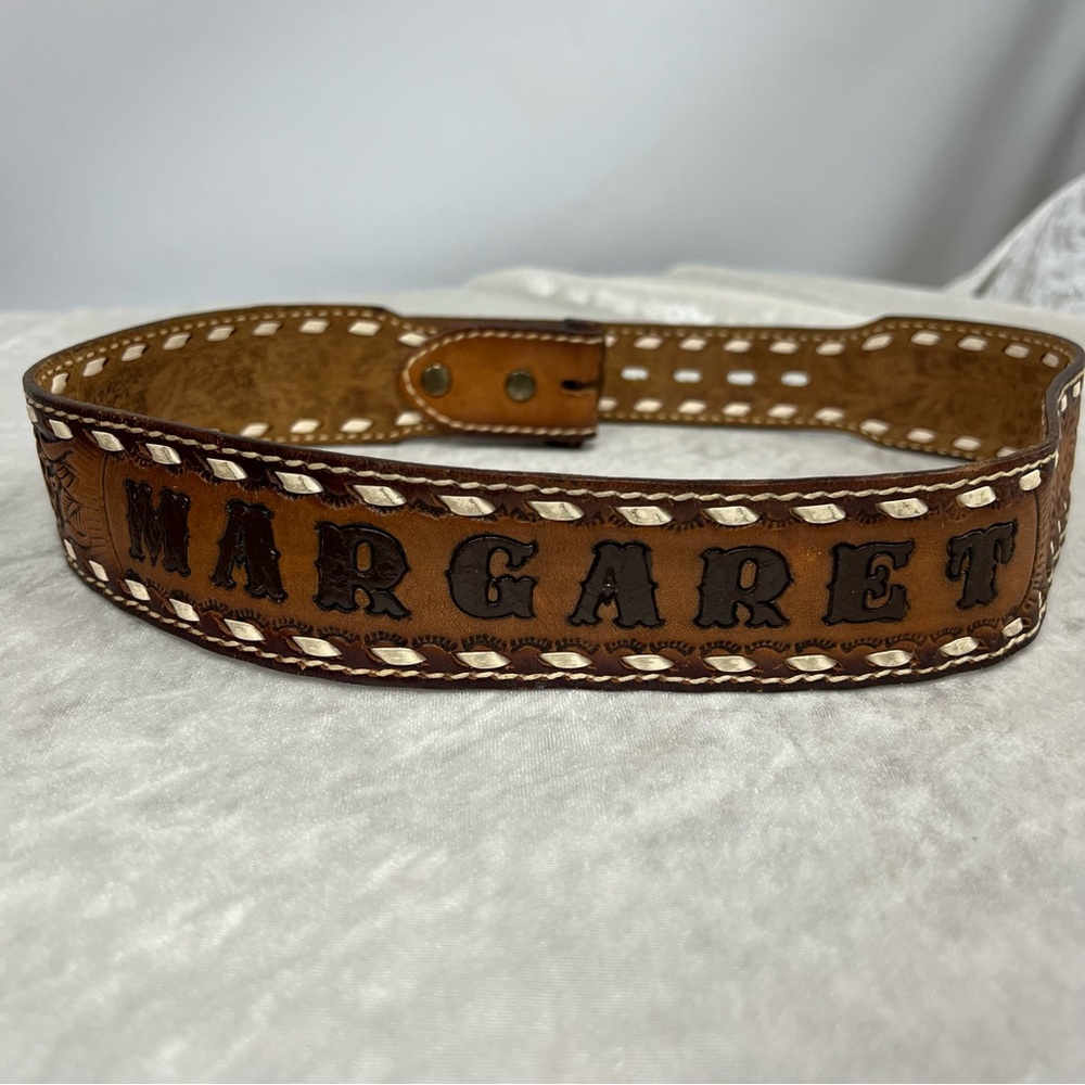 Vintage Brazos Joe Tooled Leather Belt with Margaret stamped on back